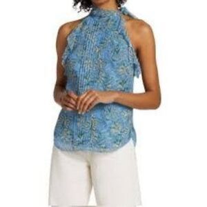 Veronica Beard Blue White Dali Floral Silk Tie Neck Sleeveless Blouse Size 16